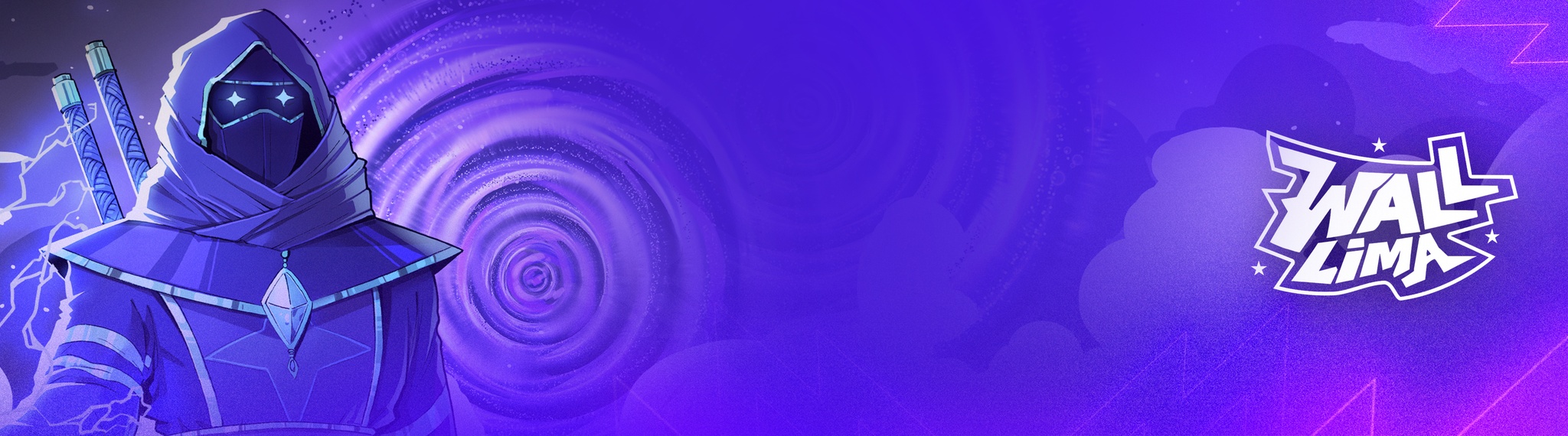 Banner original Wall Lima com personagem encapuzado e identidade violeta