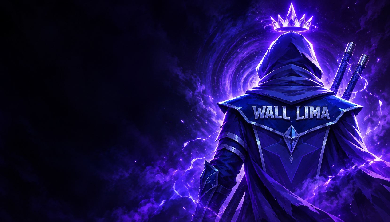 Personagem de costas com WALL LIMA na capa e uma coroa luminosa violeta